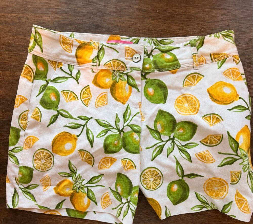 Isaac Mizrahi Citrus Lemon Lime Print Stretch Tailored Trouser Shorts Size 8